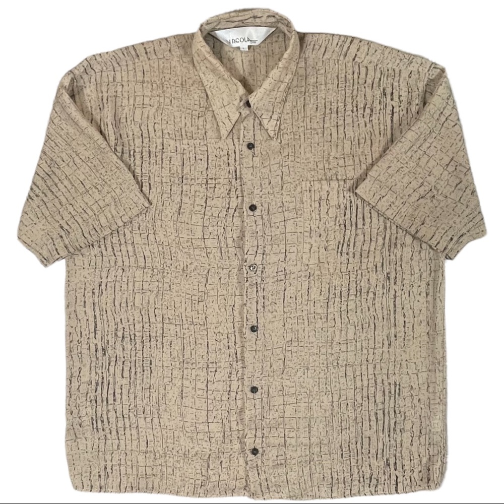 Virgola size large vintage tan with black designs button down short sleeve shirt